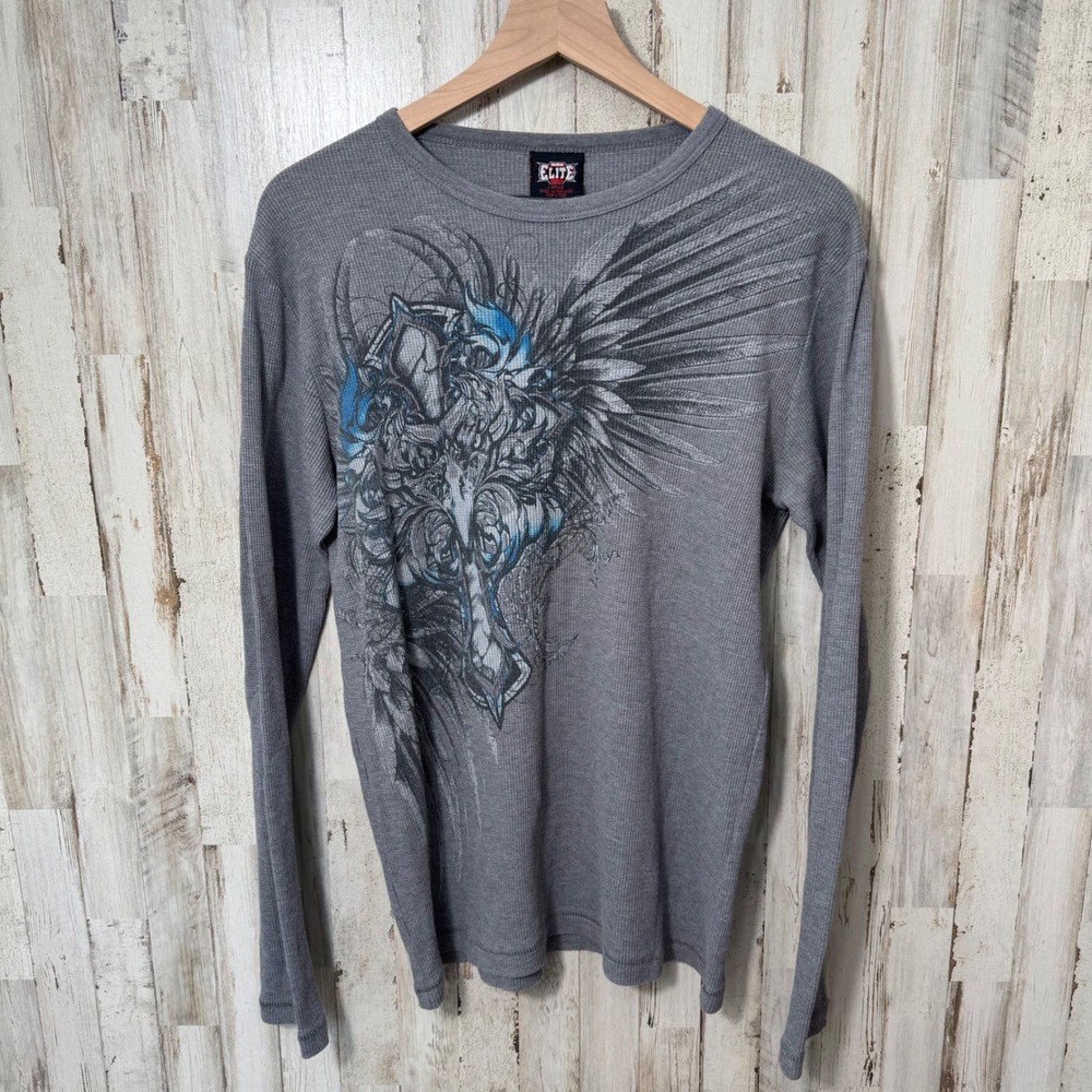 Y2K‎ Vtg MMA Elite Thermal Knit Long Sleeve Grunge Wings Cross Mens Large